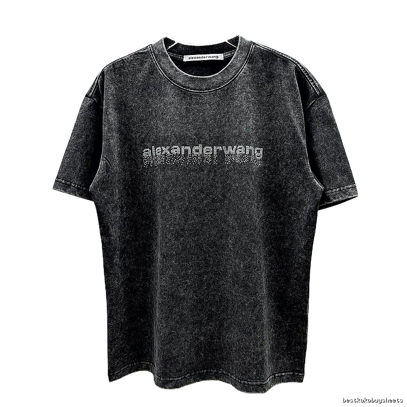 Alexander Wang Rhinestone-embellished Distressed Charcoal Black Short-sleeve T-shirt