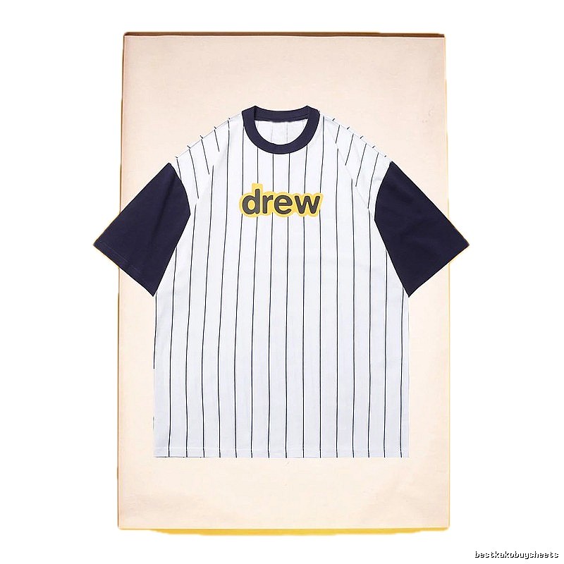 DREW Letter Print Street Style White and Navy Blue Short Sleeve T-Shirt