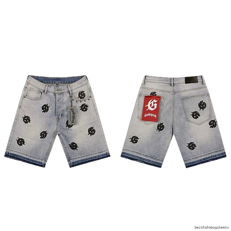 Godspeed Embroidered Street Style Light Blue Denim Shorts