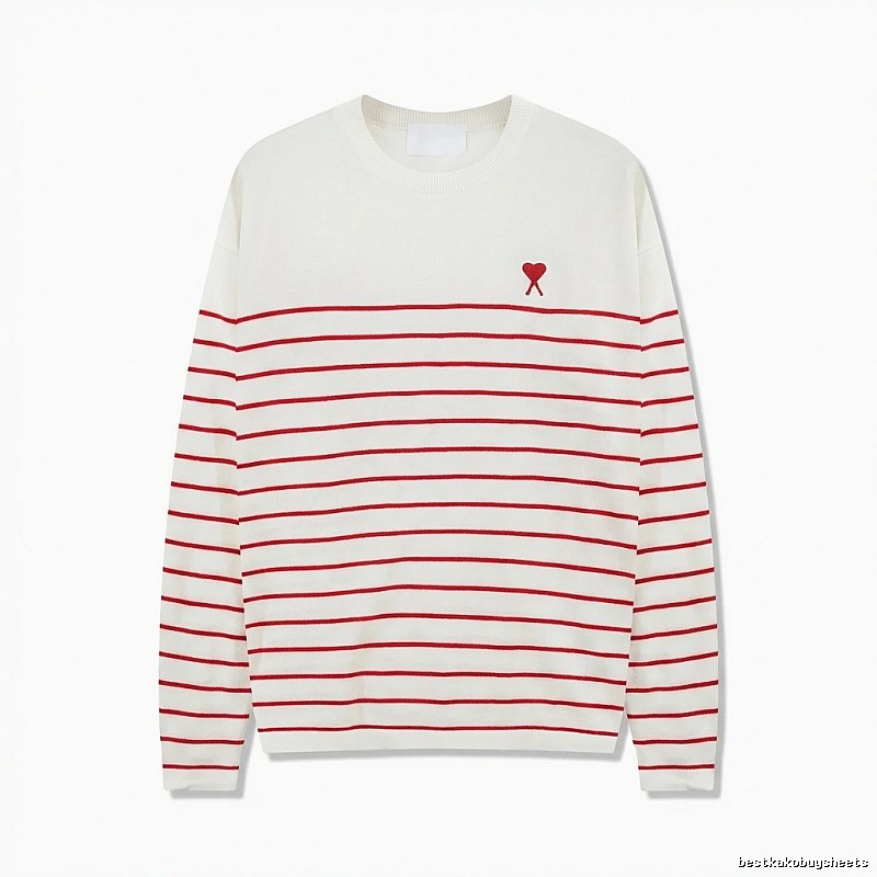 AMI Stripe Heart White Sweater