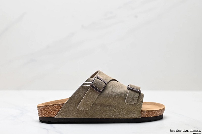 Birkenstock Vintage-Style Double-Buckle Khaki Cork Slide Sandals