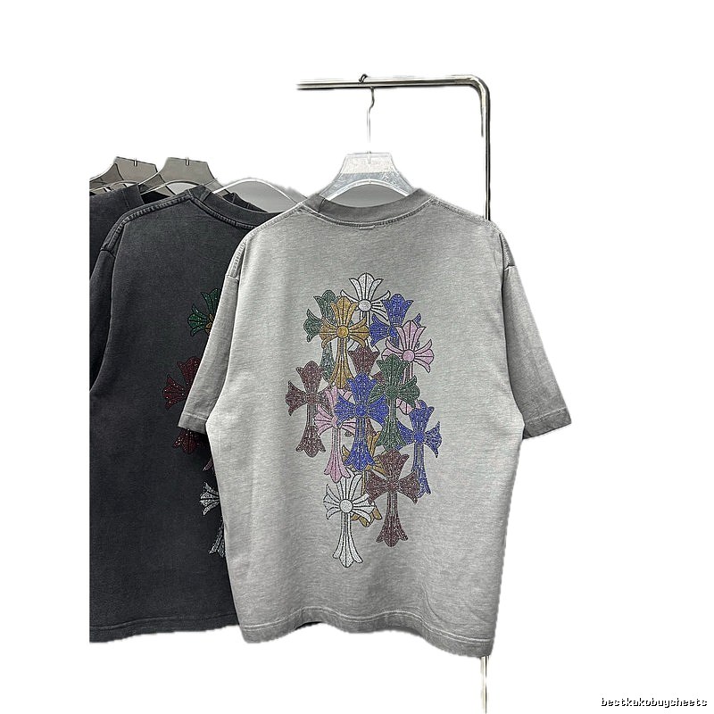 Chrome Hearts Cross Hot-Fix Rhinestone Street Style Light Grey T-Shirt