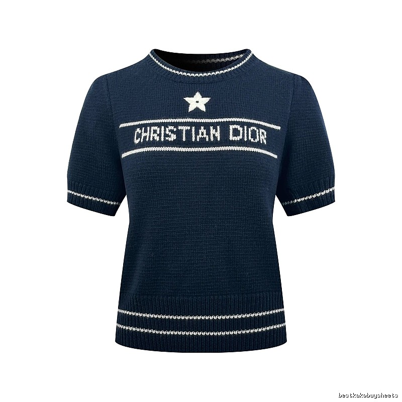 Dior Short Sleeve Knit Sweater with Cream Trim and Star Detail