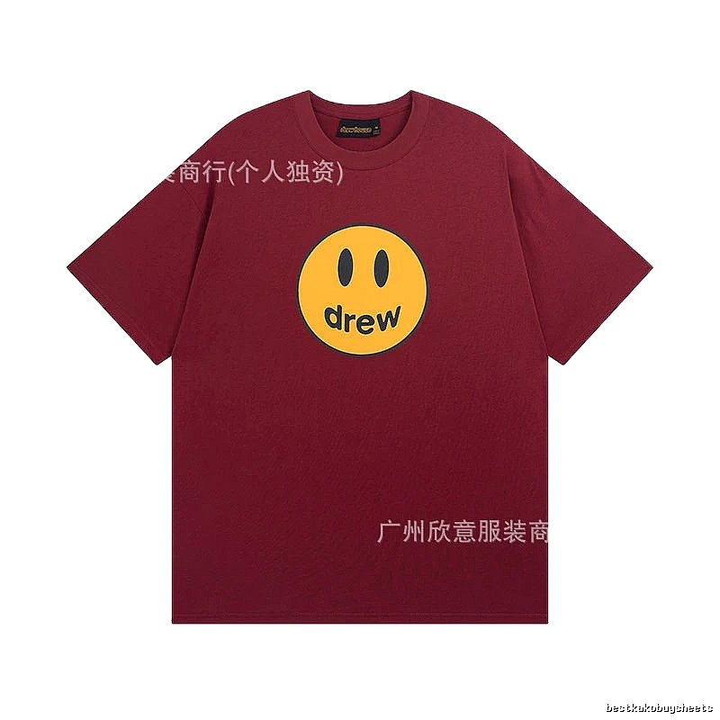 DREW Smiley Face Streetwear Style Burgundy Short Sleeve T-Shirt