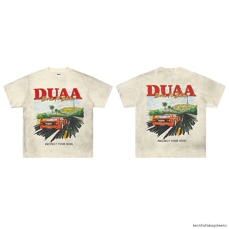 DUAA Sports Car Print American Retro Off-white Short Sleeve T-Shirt