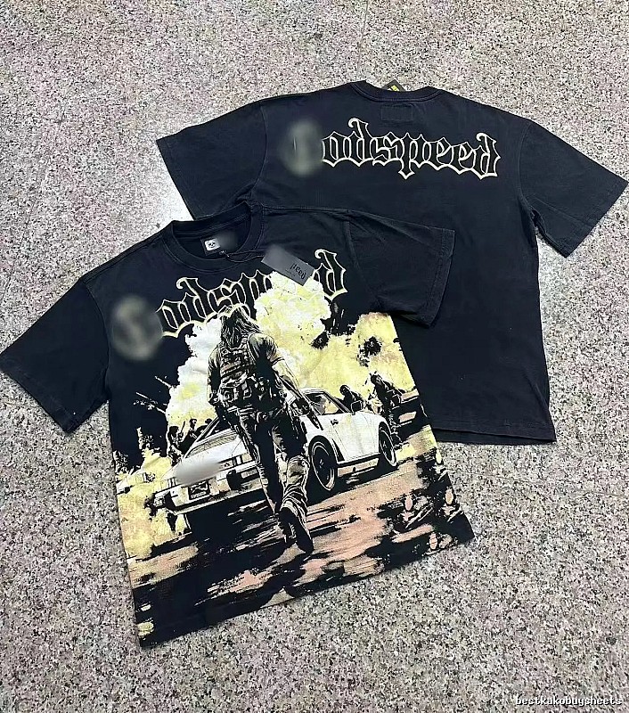 Godspeed Gunfight Print Vintage-Style Black T-Shirt