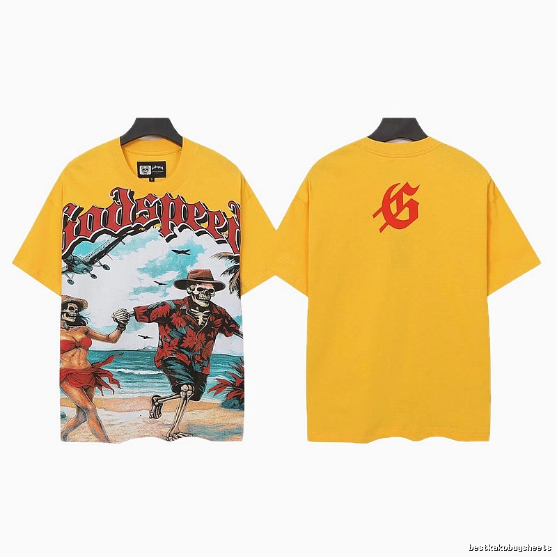 Godspeed Skull Print American Street Style Yellow T-Shirt