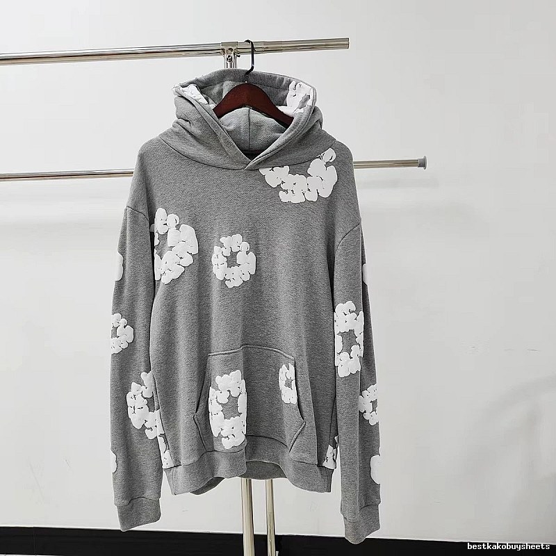 Grey White Floral Pullover Hoodie