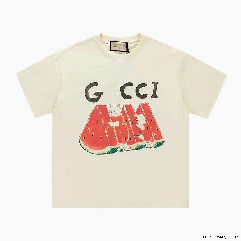 Gucci Cat and Watermelon Printed Off-white Casual T-Shirt