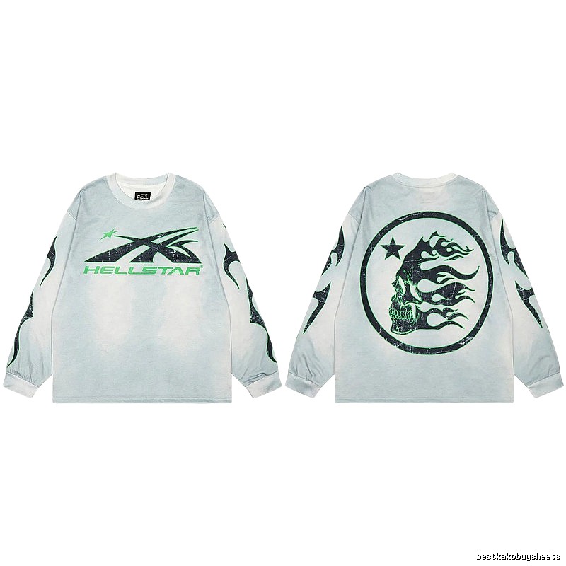 Hellstar Skull Print Street Style Light Gray Long Sleeve T-Shirt