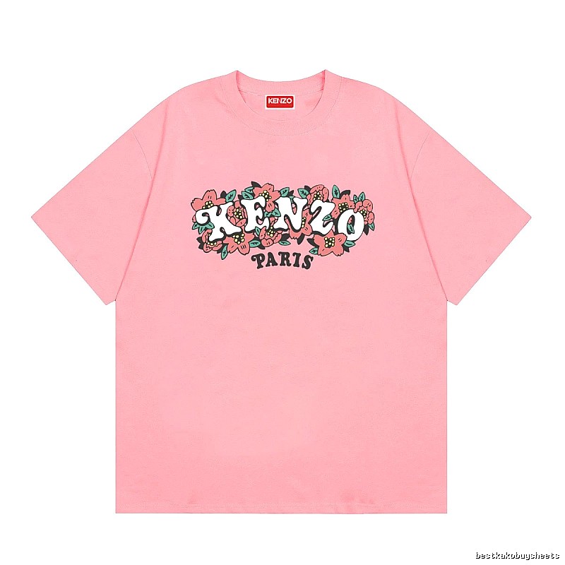 KENZO Trendy Pink Floral Print Short Sleeve T-shirt