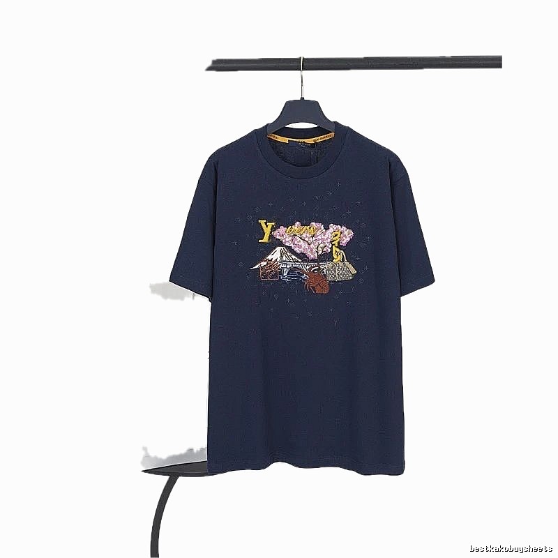 Louis Vuitton Embroidered Trendy Luxury Navy Blue Short-sleeve T-shirt