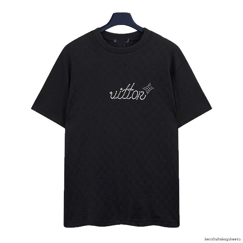Louis Vuitton Rhinestone-embellished Streetwear Style Black Short-sleeve T-shirt