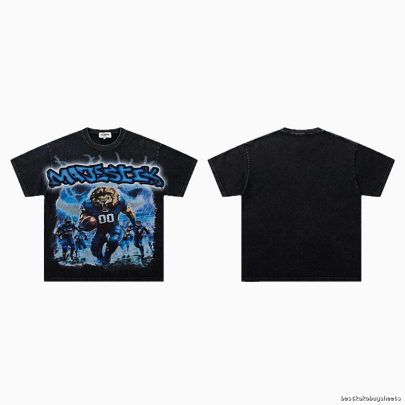 MAJESTIK Lion Head Rugby American Retro Black T-Shirt
