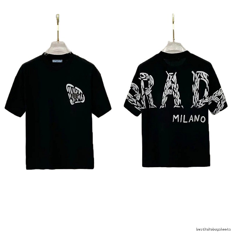 Prada Embroidered Streetwear Style Black Short-sleeve T-shirt