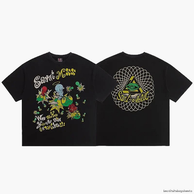 SAINT Cartoon Graffiti Street Style Black T-Shirt