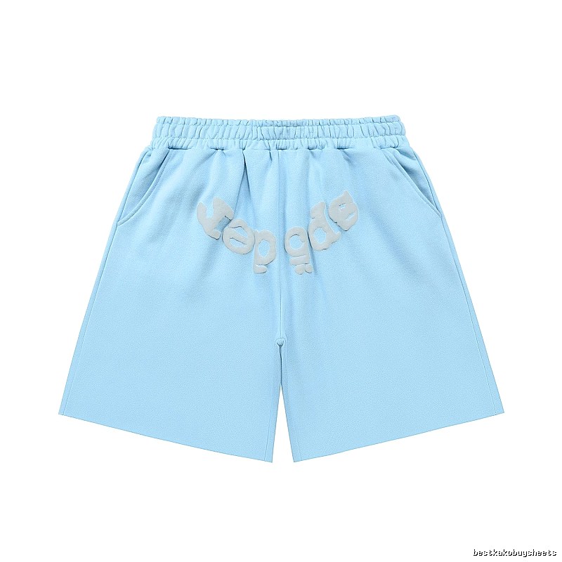 Sp5der letter-style light blue shorts