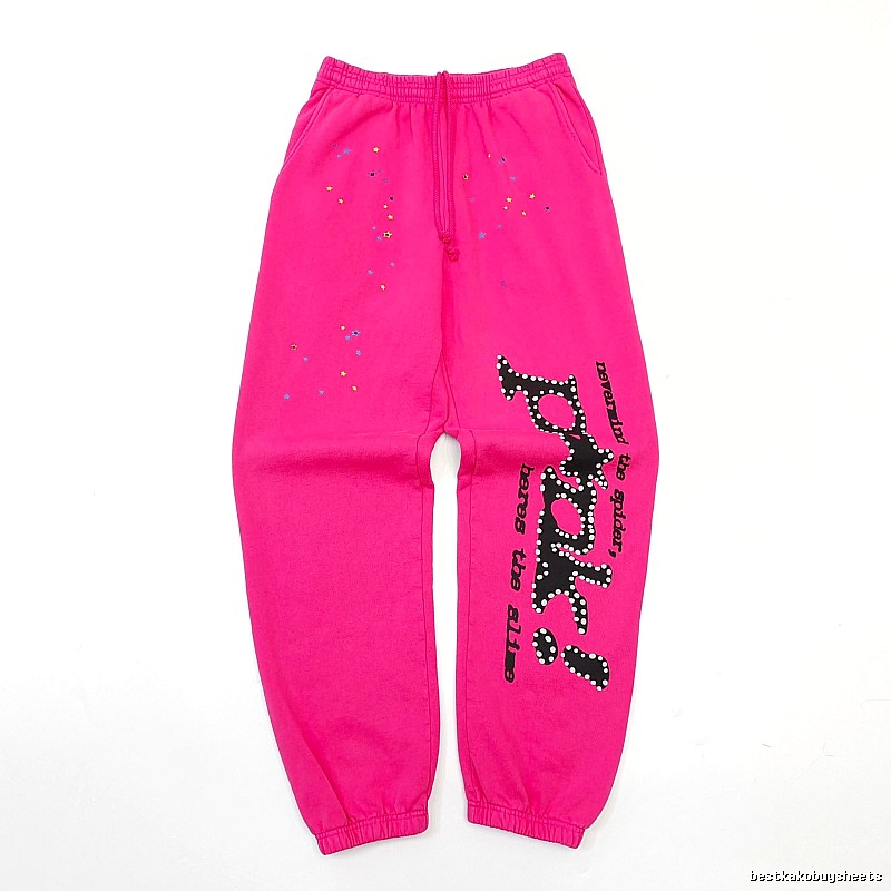 Sp5der Logo Sweatpants in Hot Pink - black vertical branding and cuffed ankles