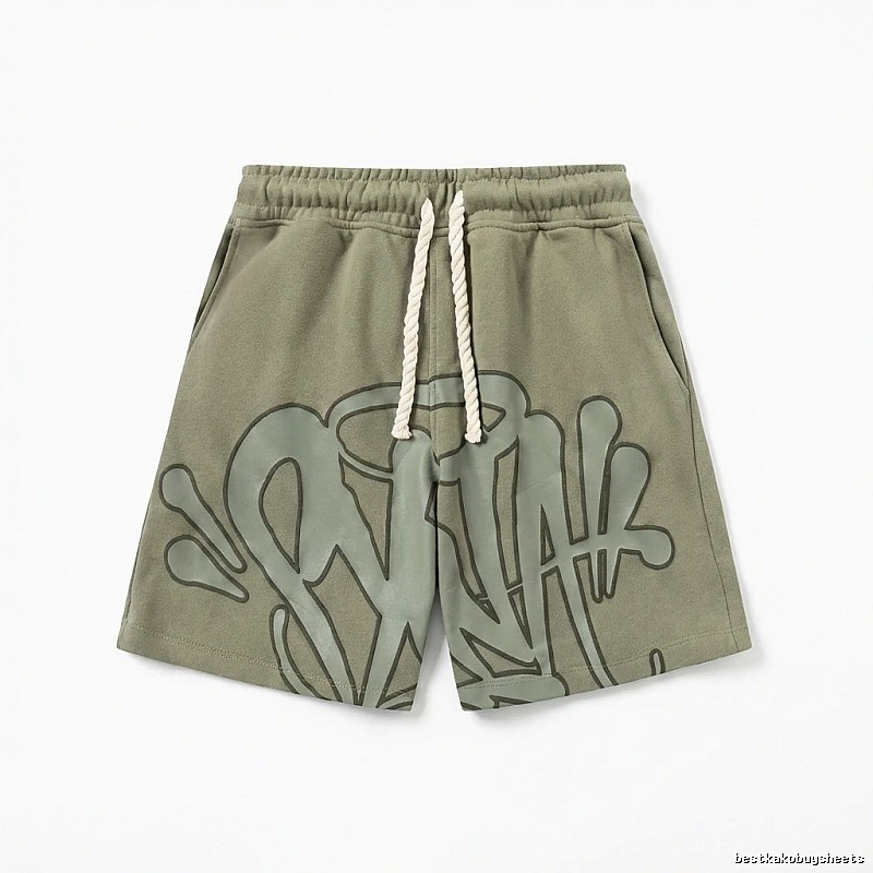 SynaWorld graffiti-style military green shorts