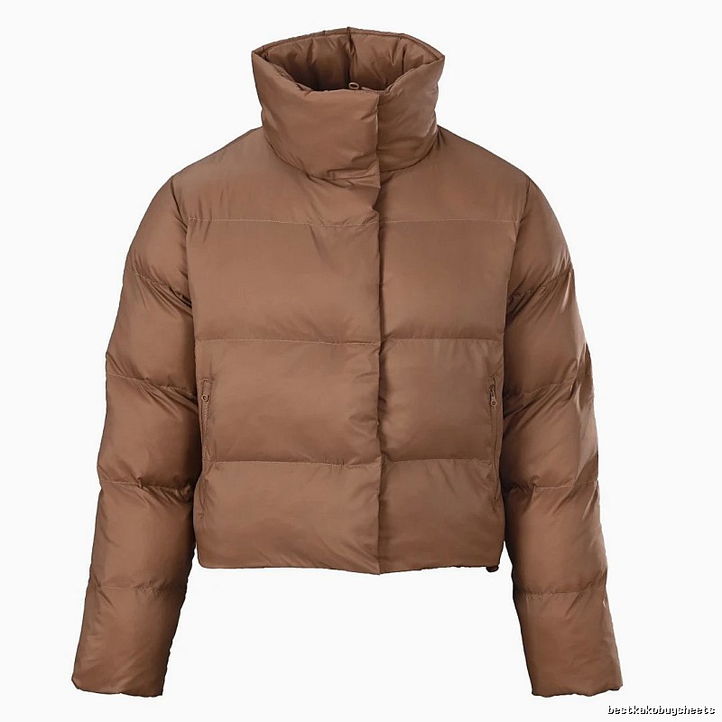Wide Baffles And A Cropped Cold-Weather Fit Warm Brown Stand-Collar Puffer Jacket